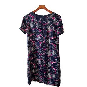 Tory Burch Mod 60s Silk Jacquard Print Shift Dress Blue Magenta 0